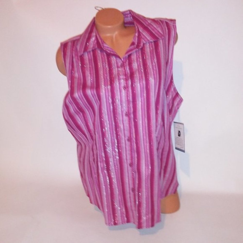 Jaclyn Smith Tank Top Womens Button Up‎ Pink Metallic Stripe Sleeveless Collared